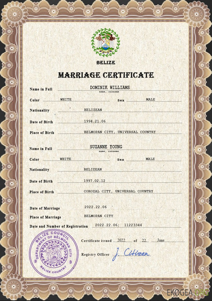 Modèle PSD de certificat de mariage du Belize